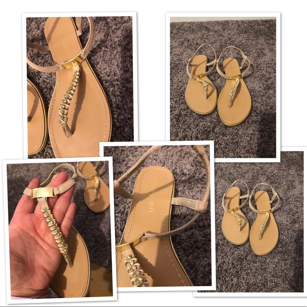 Tan Madden girl sandals with gold accents and gems